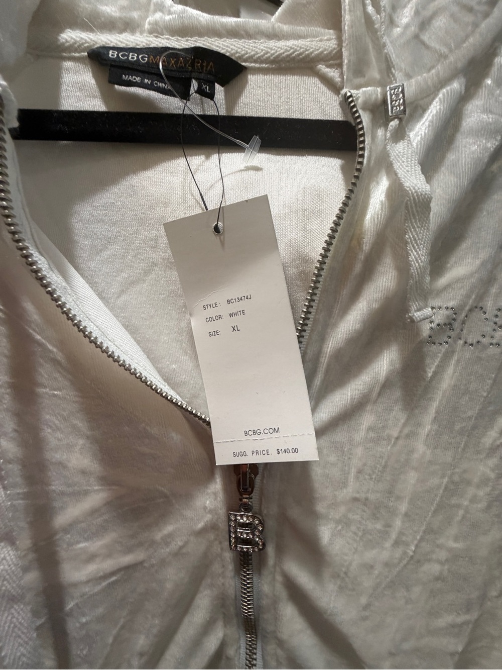 BCBGMaxAzria White Hoodie & Pants with Jeweled B Logo Zipper